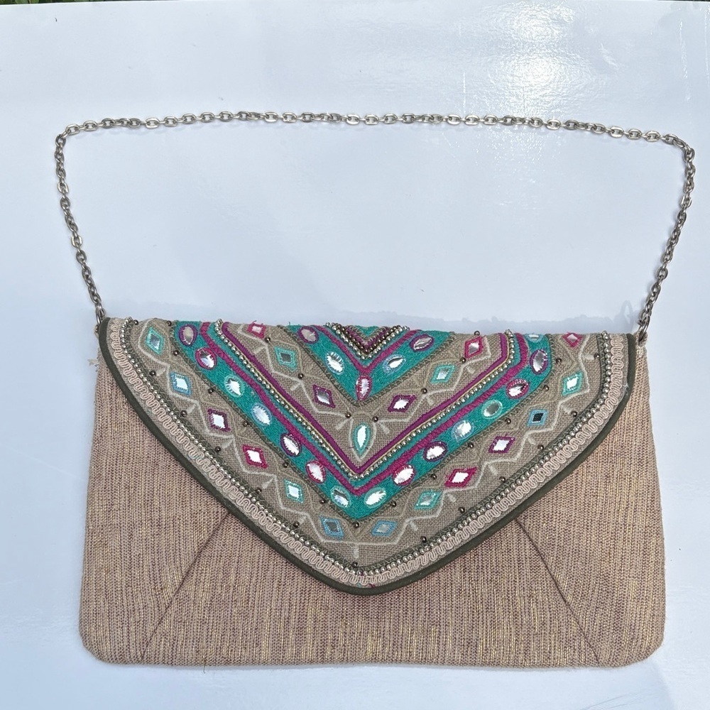 Vintage Chicos Jerri Clutch Embroidered Tan Bag NWOT